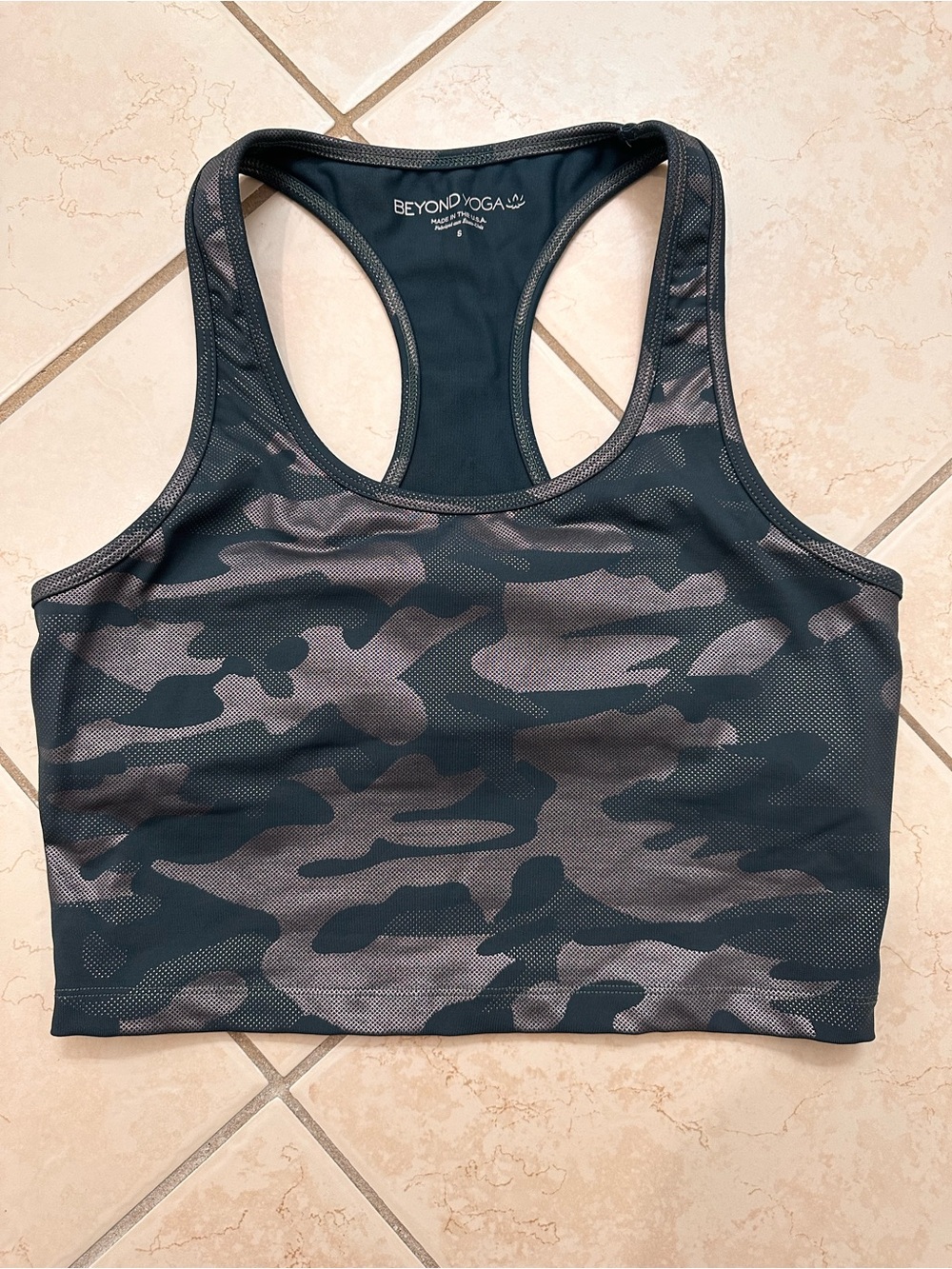 Beyond Yoga Green & Gray Camo Racerback Crop Top
